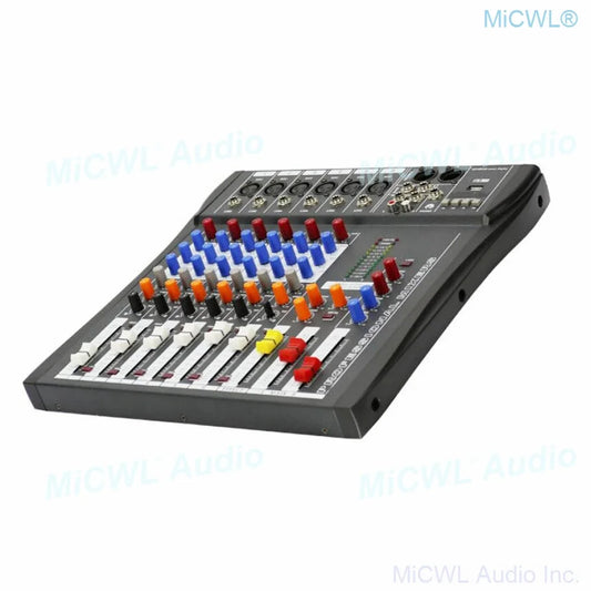 Black micwl audio mixer with colorful knobs and sliders for 6 channel music recording bluetooth mixing console use