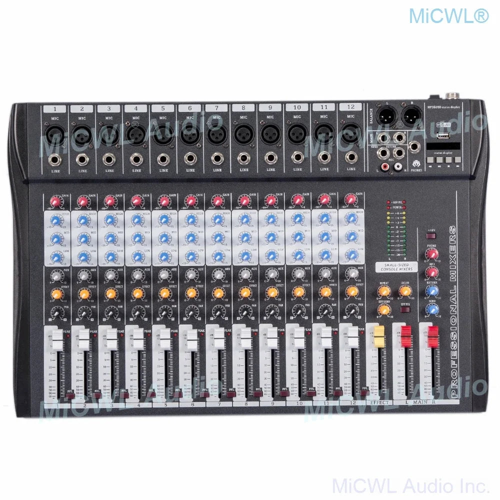 Black micwl wireless bluetooth mixing console with 12 color-coded input channels and 48v phantom power for professional sound control