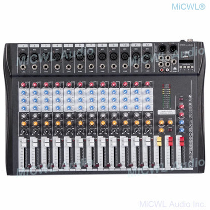Black micwl wireless bluetooth mixing console with 12 color-coded input channels and 48v phantom power for professional sound control