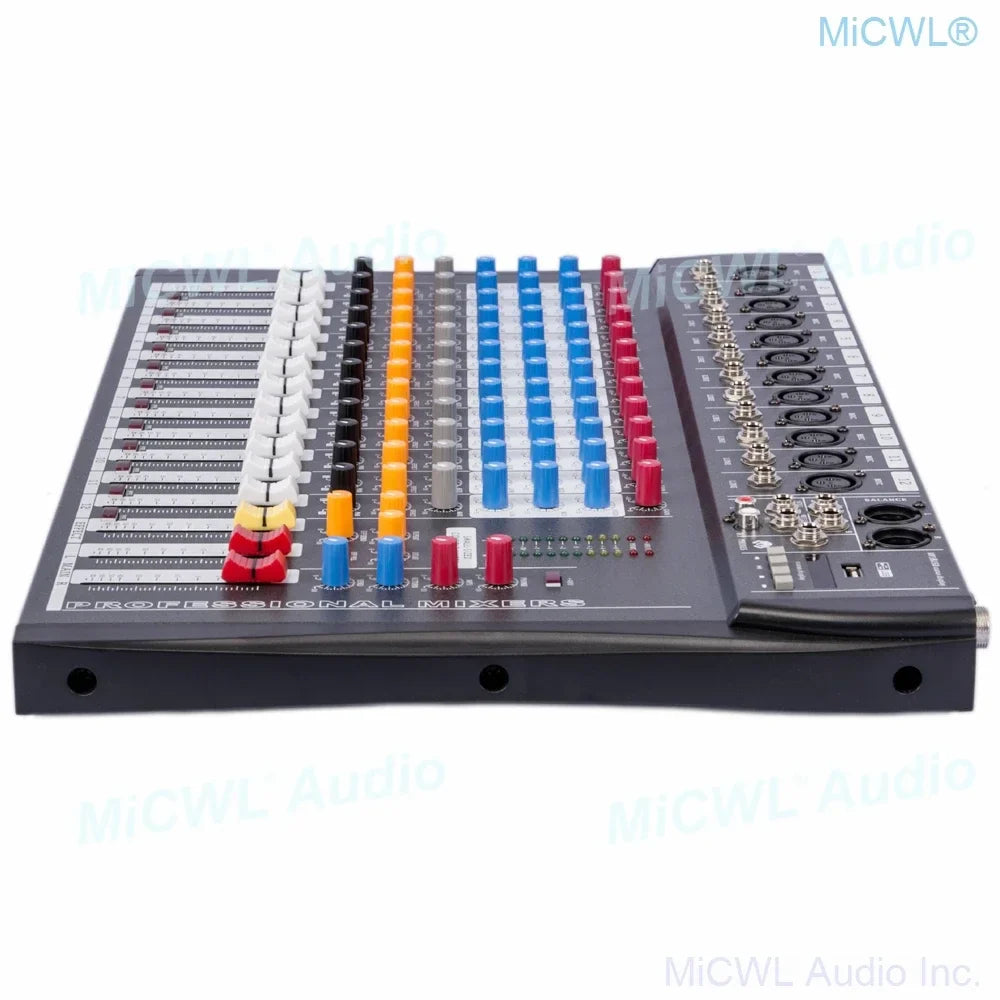 Black micwl wireless bluetooth mixing console with colorful faders and 48v phantom for professional sound mixing