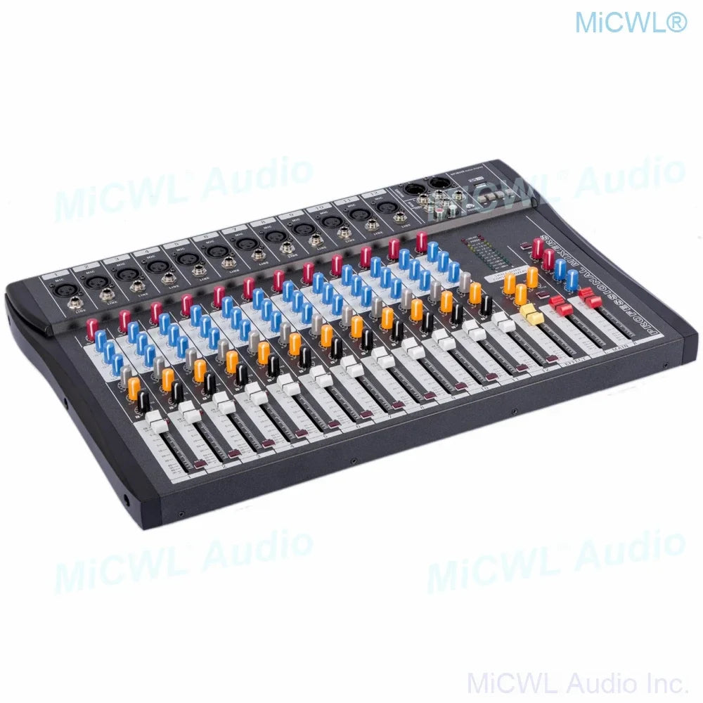 Black micwl wireless bluetooth mixing console with colorful knobs sliders featuring 48v phantom and 12 channels