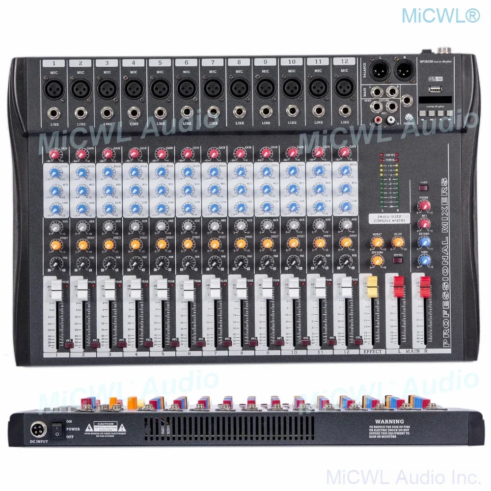 Black professional micwl wireless bluetooth mixing console with colorful knobs 48v phantom and 12 channel sound mixer