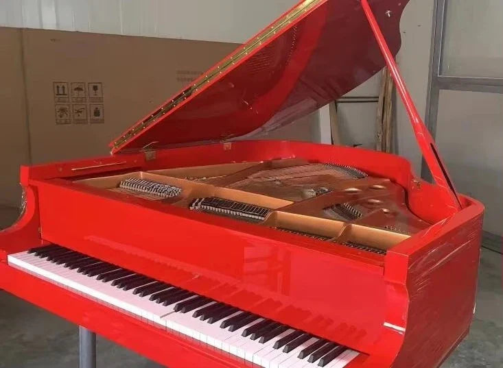 Middleford 88 keys red polish acoustic grand piano with glossy finish gold trim and matching red piano bench