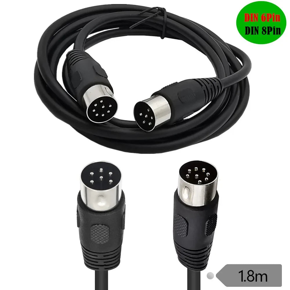 Black coiled din 6pin and din 8pin male cable with metallic connectors for midi audio data signal and type beat music use