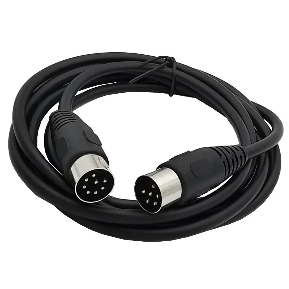 Black coiled midi 8 pin din male to 6 pin male audio data signal cable with silver d-sub connectors for type beat music