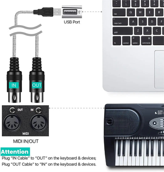Black midi cable set with silver connectors and teal in out labels for keyboard synthesizer electronic drum use