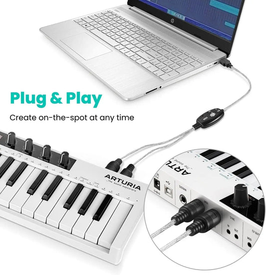 White arturia keylab 24 mini midi keyboard with black keys paired with midi cable set for keyboard synthesizer electronic use