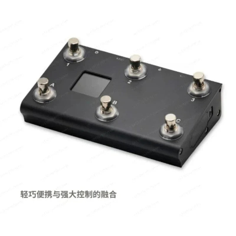 Black midi captain controller pedalboard with six silver footswitches and central dsp display for type beat music use
