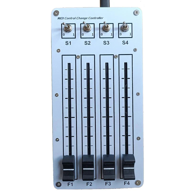 Light blue midi cc controller with four black toggle switches and four sliding faders for computer music hosting
