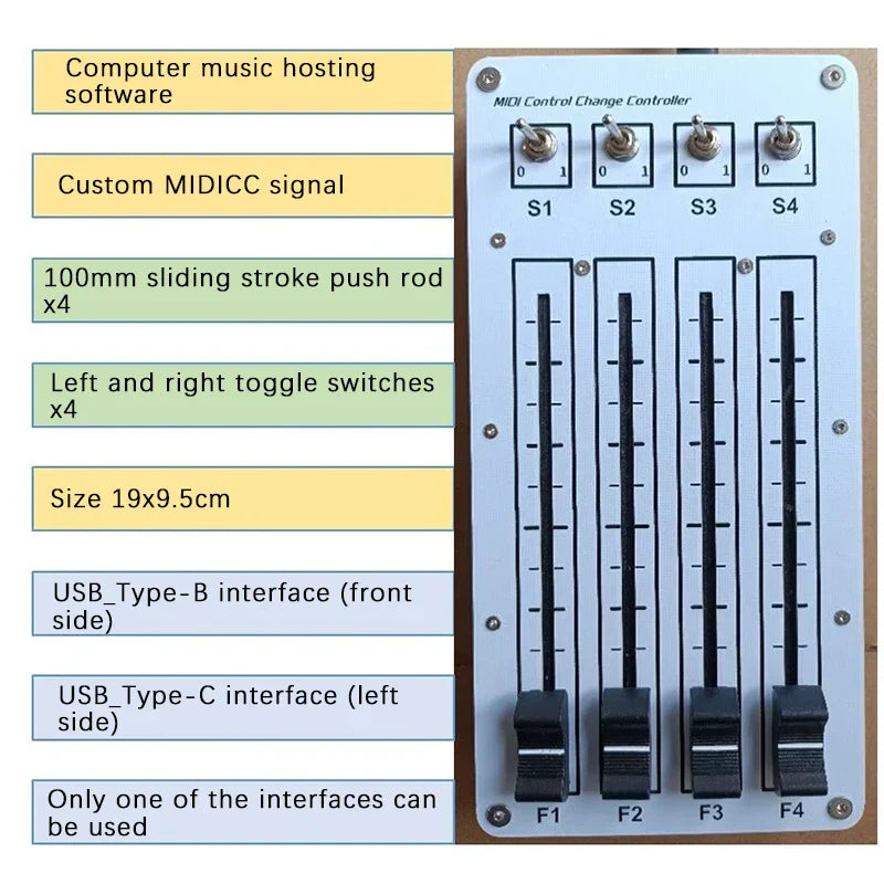 White midi cc controller with four black sliding faders and usb type-b and type-c for computer music hosting software