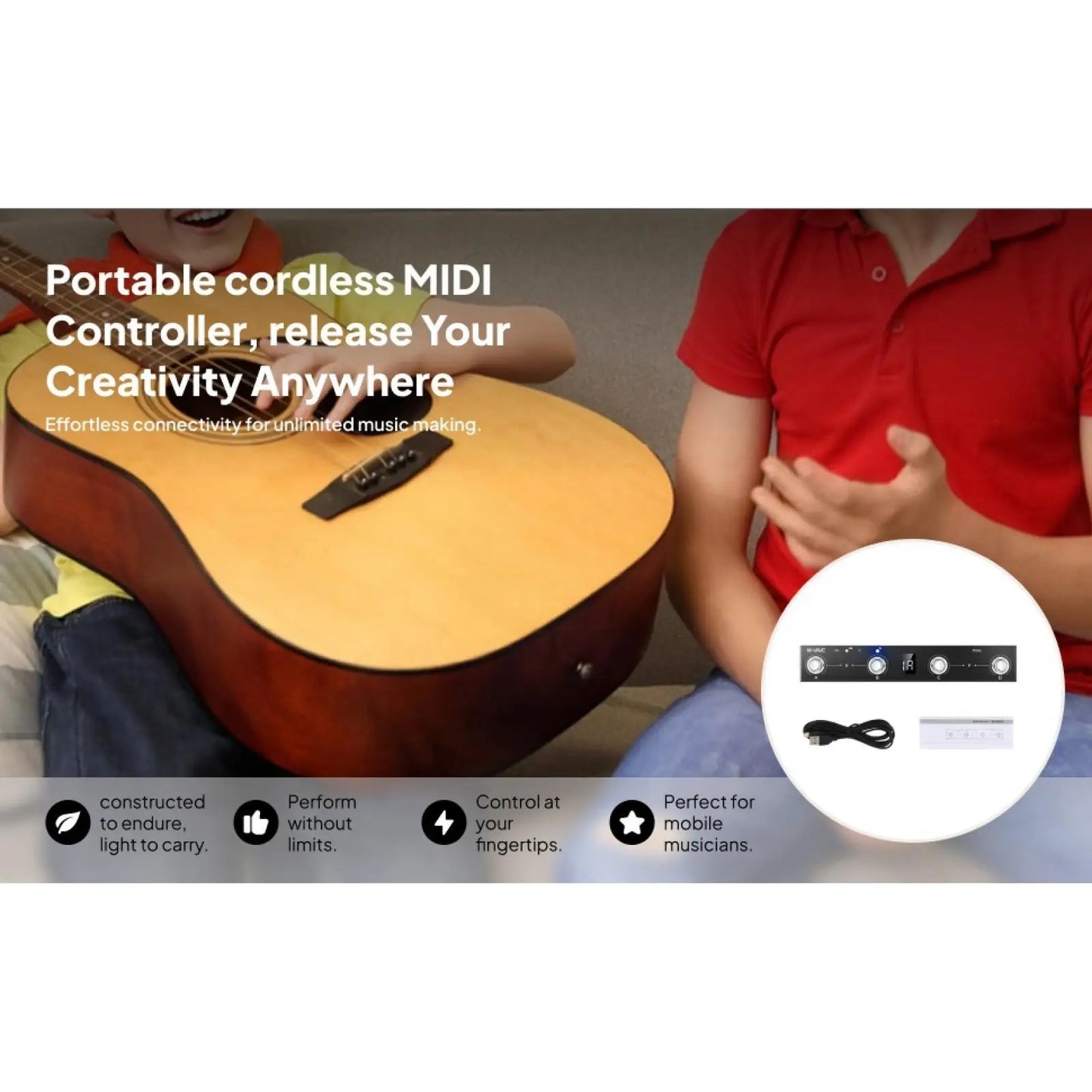 Midi commander guitar with natural wood finish and black pickguard usb midi foot controller with 4 button page turner