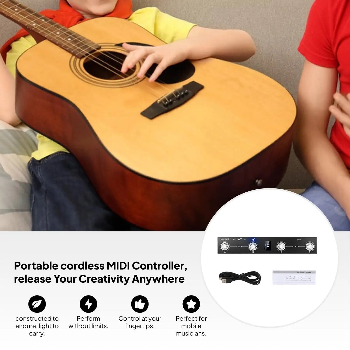 Midi commander guitar with natural wood finish and dark brown binding usb midi foot controller with 4 button page turner