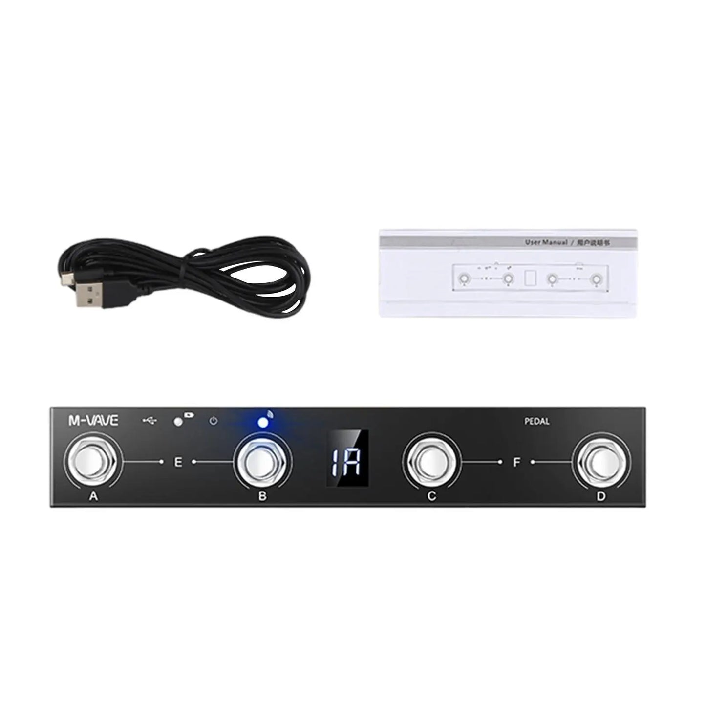 Black midi commander guitar usb midi foot controller with four silver knobs and button page turner for pedal use