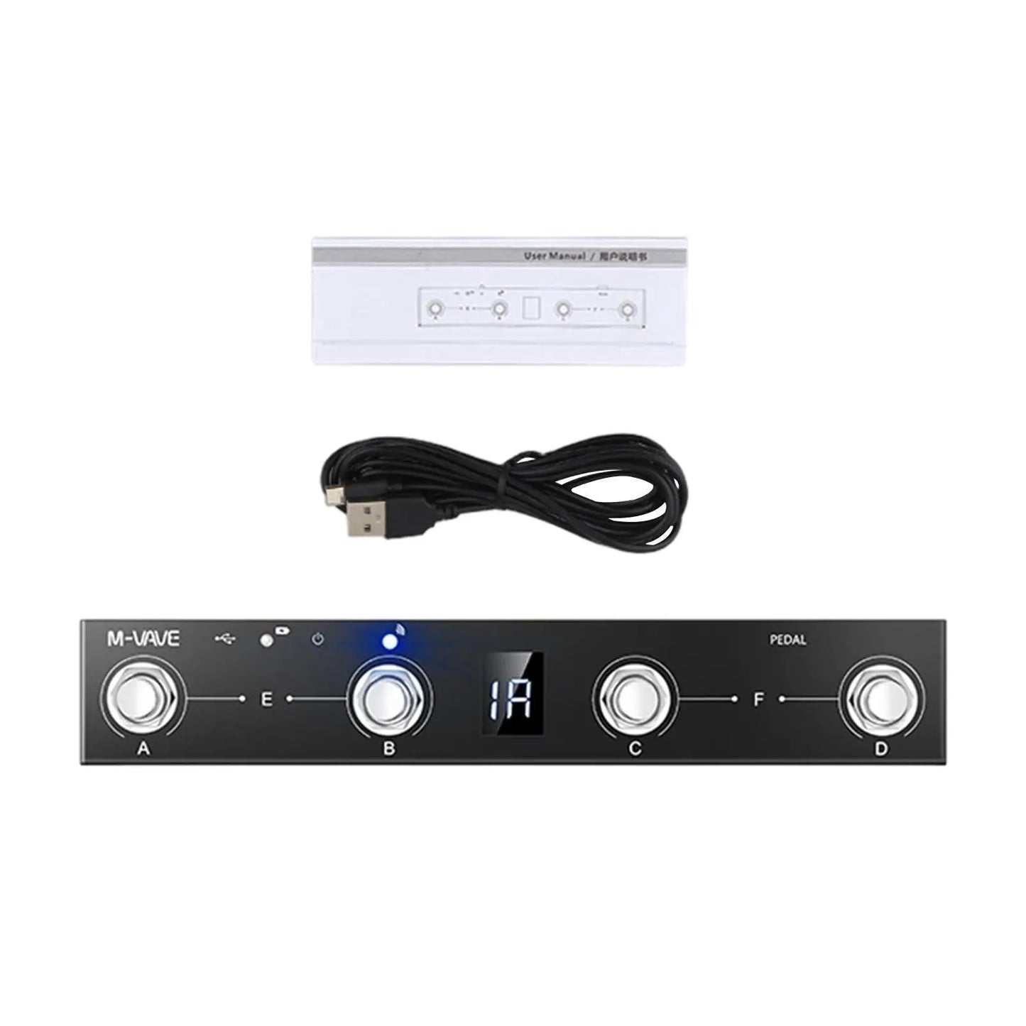 Black midi commander guitar usb midi foot pedal with silver knobs digital display and four button page turner
