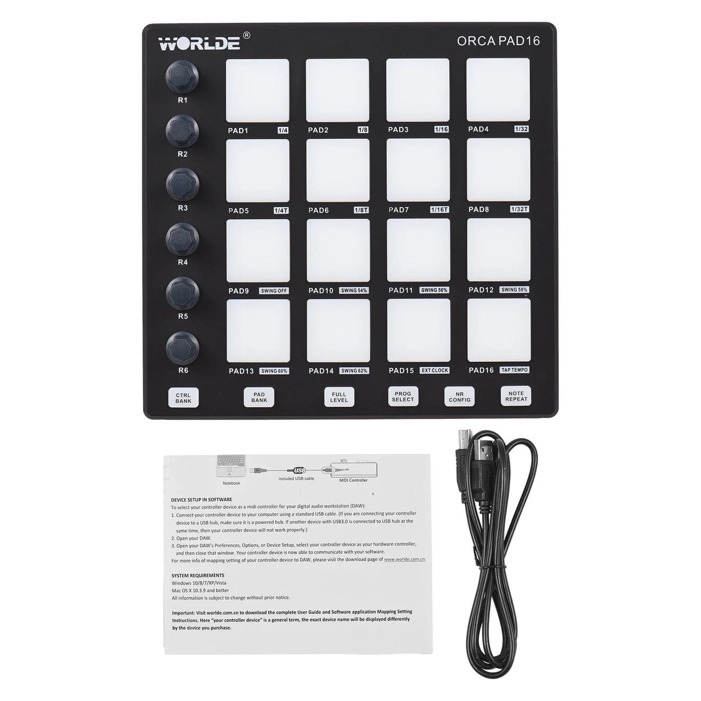 Black world orca pad16 midi controller with 16 white pads and 6 assignable knobs for midi controller beat maker machine use