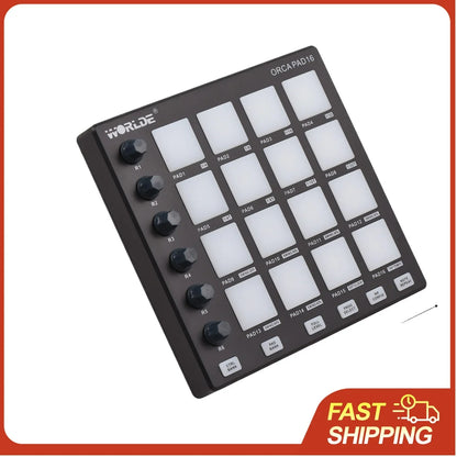 Black worlde orca midi controller beat maker with 16 white pads and 6 assignable black rotary knobs for music production