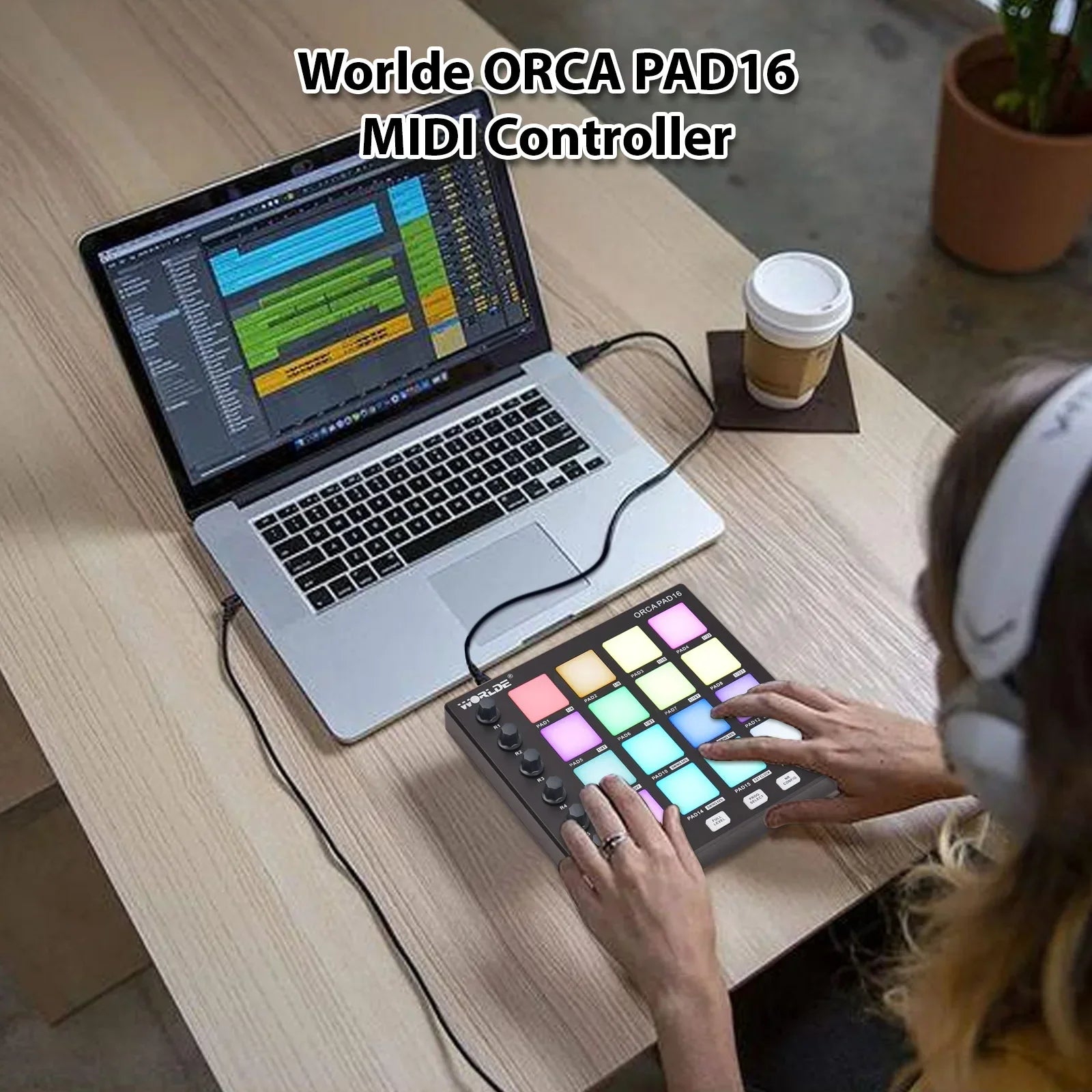 Worldle orca pad16 midi controller beat maker machine with colorful illuminated pads black casing for music production