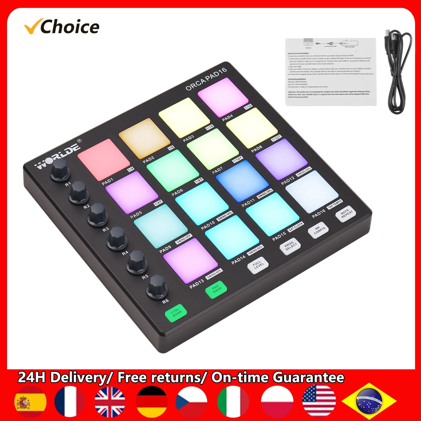 Black world choice orca pad16 midi controller with colorful illuminated pads and 6 assignable knobs for music production