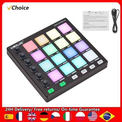 Black world choice orca pad16 midi controller with colorful illuminated pads rotary knobs and note repeat function for music production