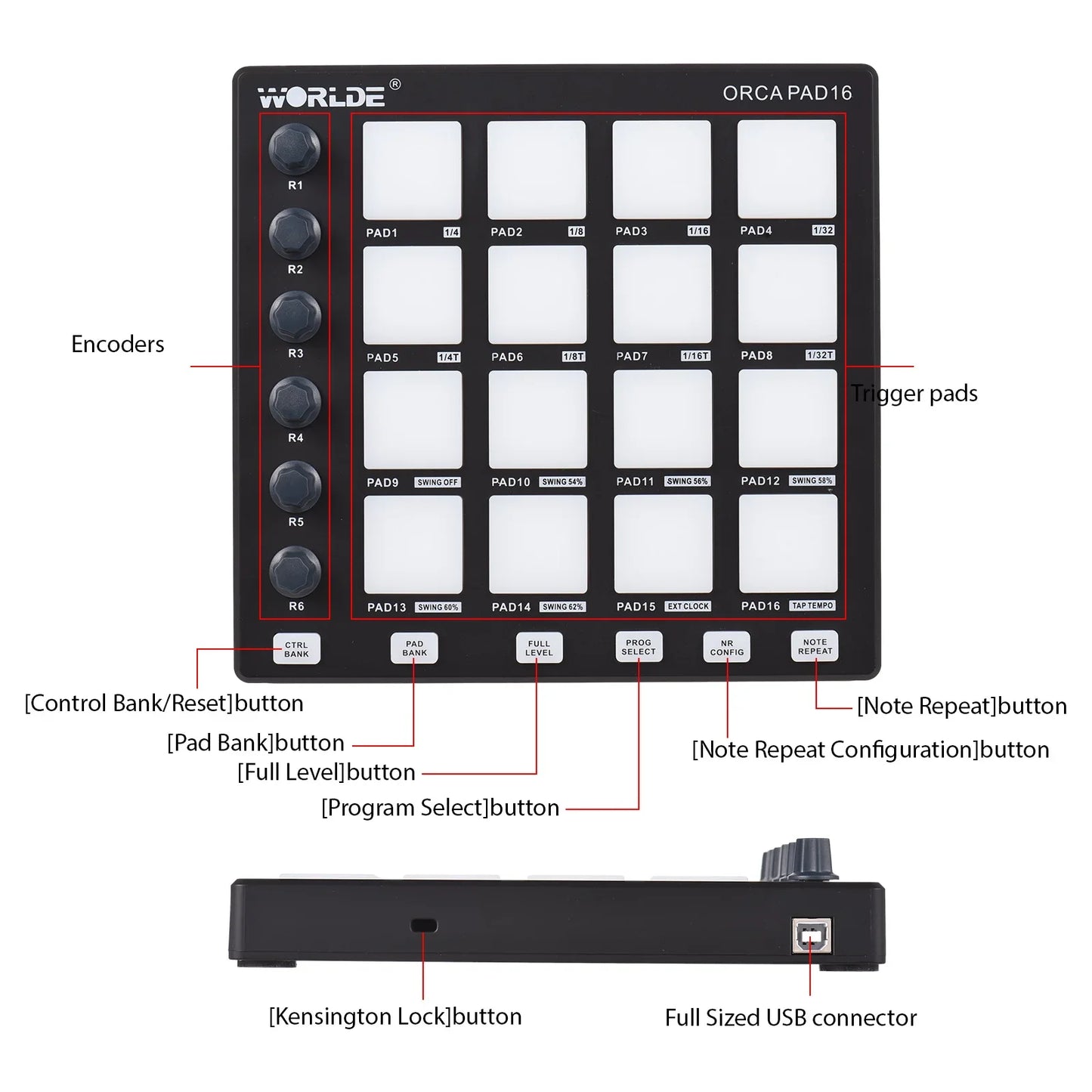 Black world-de orca pad16 midi controller with white trigger pads and six assignable knobs for note repeat and music production