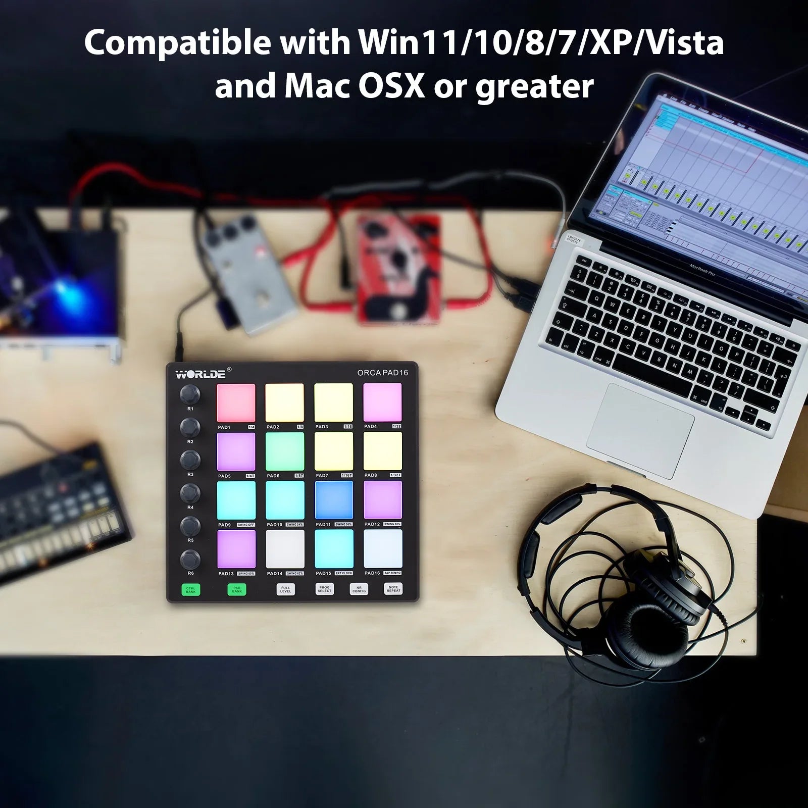 Black world orca pad16 midi controller with colorful illuminated pads knobs features note repeat for music production