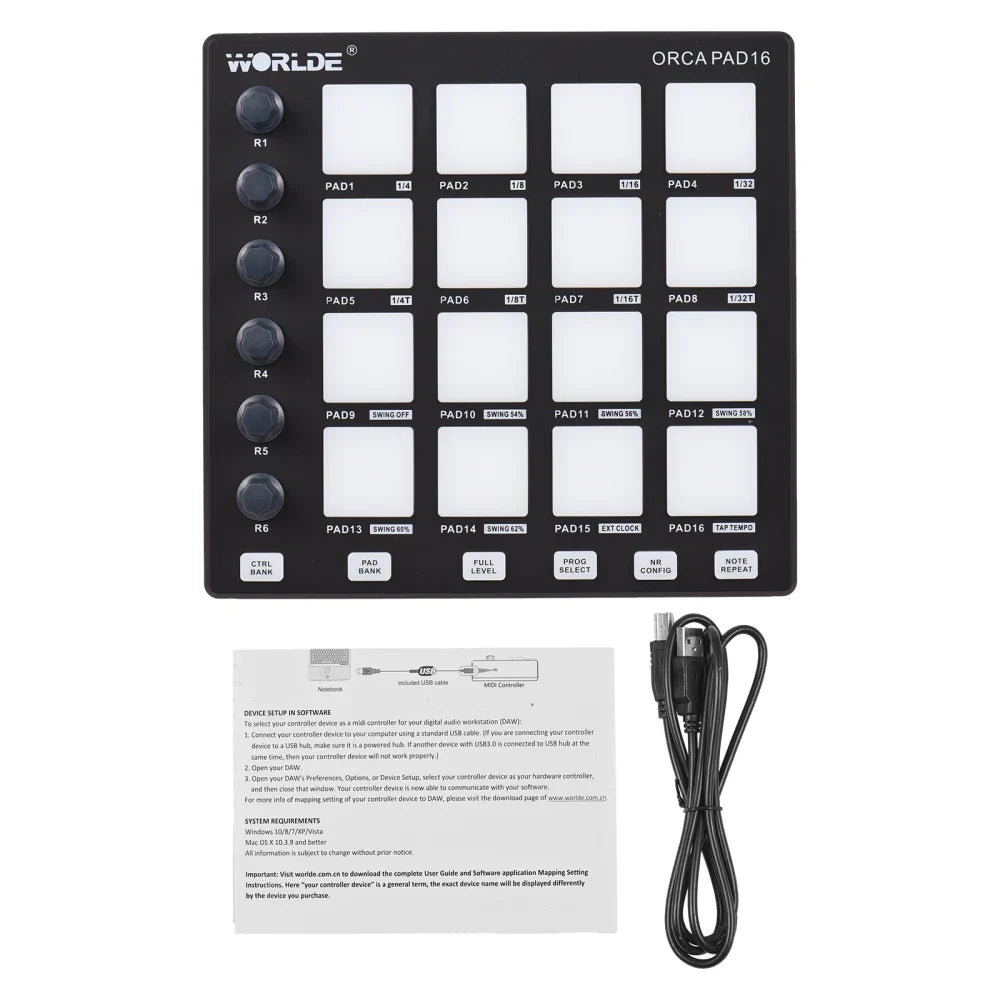 Black world orca pad16 midi controller with 16 white pads and 6 black knobs for music production and note repeat