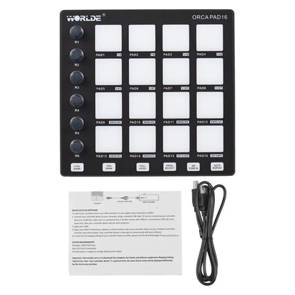 Black world orca pad16 midi controller with 16 white pads and 6 black knobs for music production and note repeat