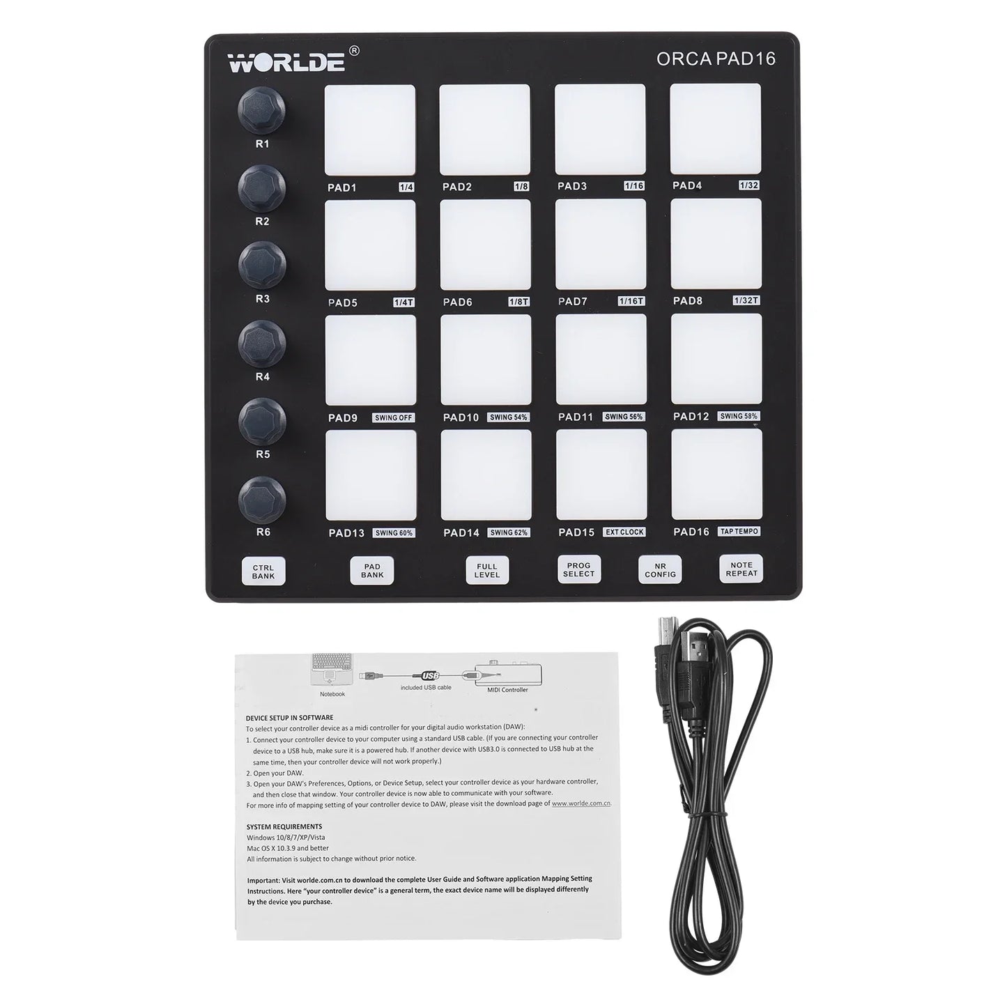Black world® orca pad16 midi controller beat maker machine with 16 white pads and six black assignable knobs for music production
