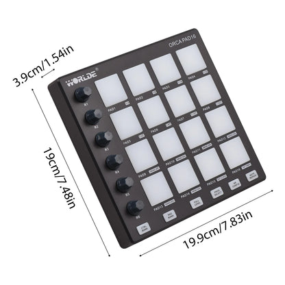 Black worldde orcapad16 midi controller with 16 white pads and 6 knobs featuring note repeat for music production