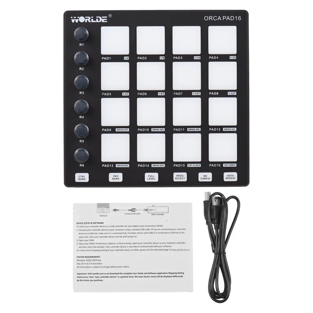 Black worldz orca pad16 midi controller beat maker machine with white square pads and black rotary knobs for music production