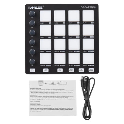 Black worldz orca pad16 midi controller beat maker machine with white square pads and black rotary knobs for music production