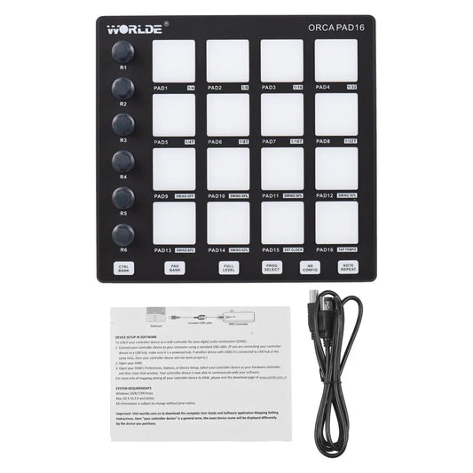 Black worldz orca pad16 midi controller beat maker machine with white square pads and black rotary knobs for music production
