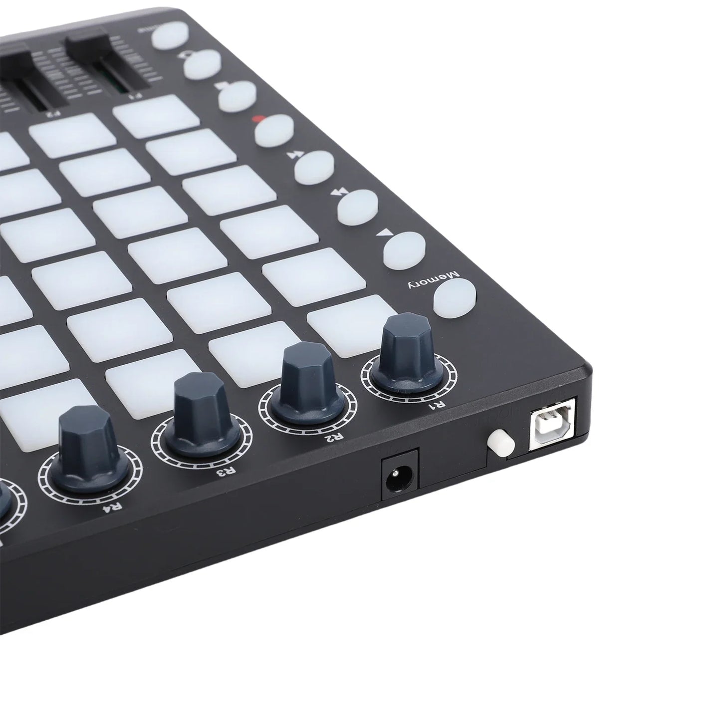 Black mpc live 2016 midi controller with white pads and dark gray knobs featuring rgb backlit velocity sensitive pads
