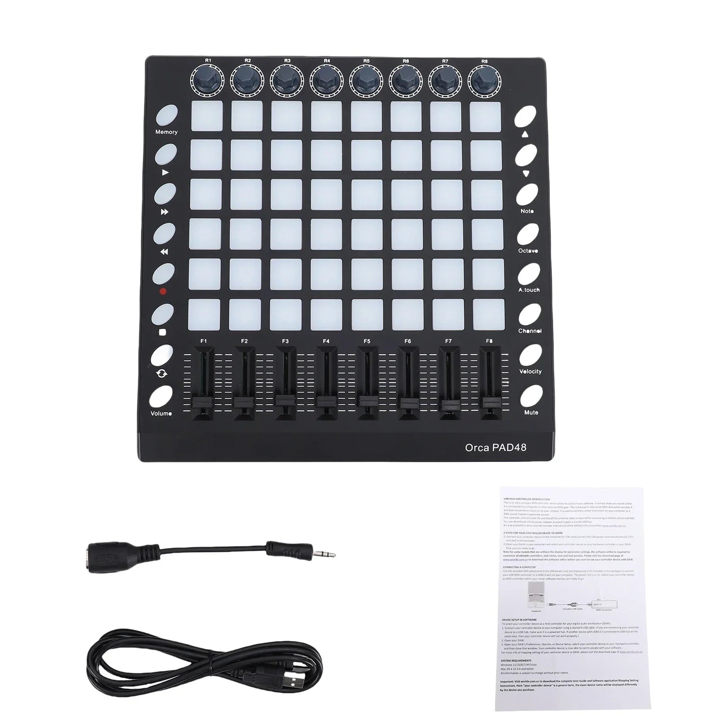 Black orca midi controller strike with 48 rgb backlit velocity sensitive pads, 8 sliders, and 8 knobs for music production