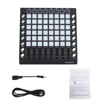 Black orca midi controller strike with 48 rgb backlit velocity sensitive pads, 8 sliders, and 8 knobs for music production