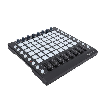 Black orica pad8 midi controller with rgb backlit velocity sensitive pads white grid and black rotary knobs usb portable design