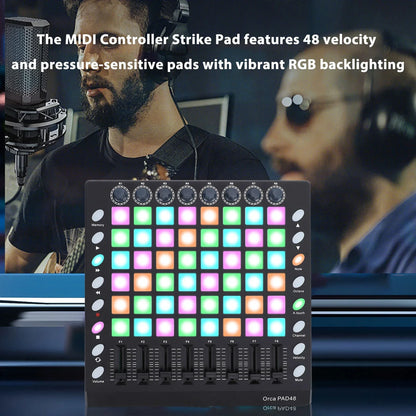 Black midi controller strike pad with 48 rgb backlit velocity sensitive pads 8 knobs 8 sliders and 16 function buttons