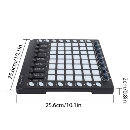Black midi controller strike pad 25.6cm with rgb backlit velocity sensitive white keys and rotary knobs orapad8 label