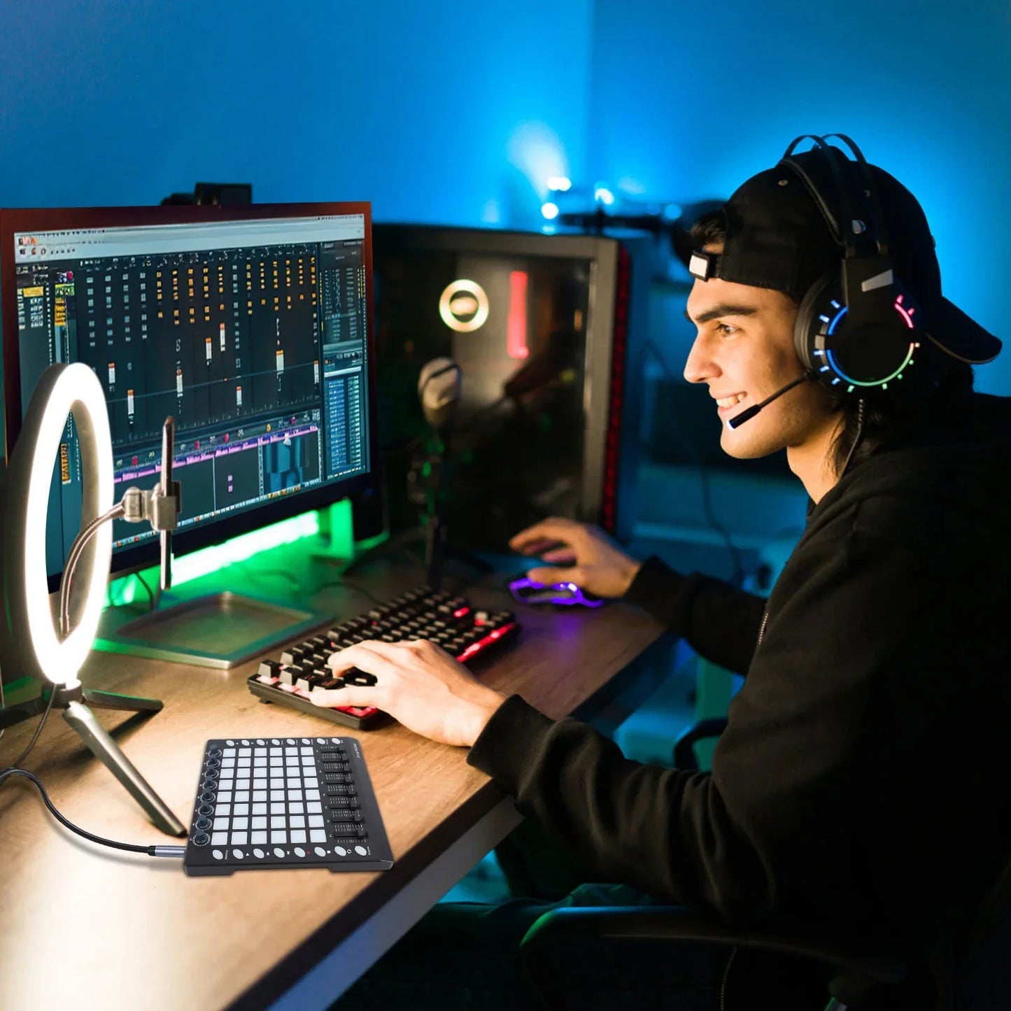Black gaming headset with rgb lighting on earcups paired with midi controller strike rgb backlit velocity pads