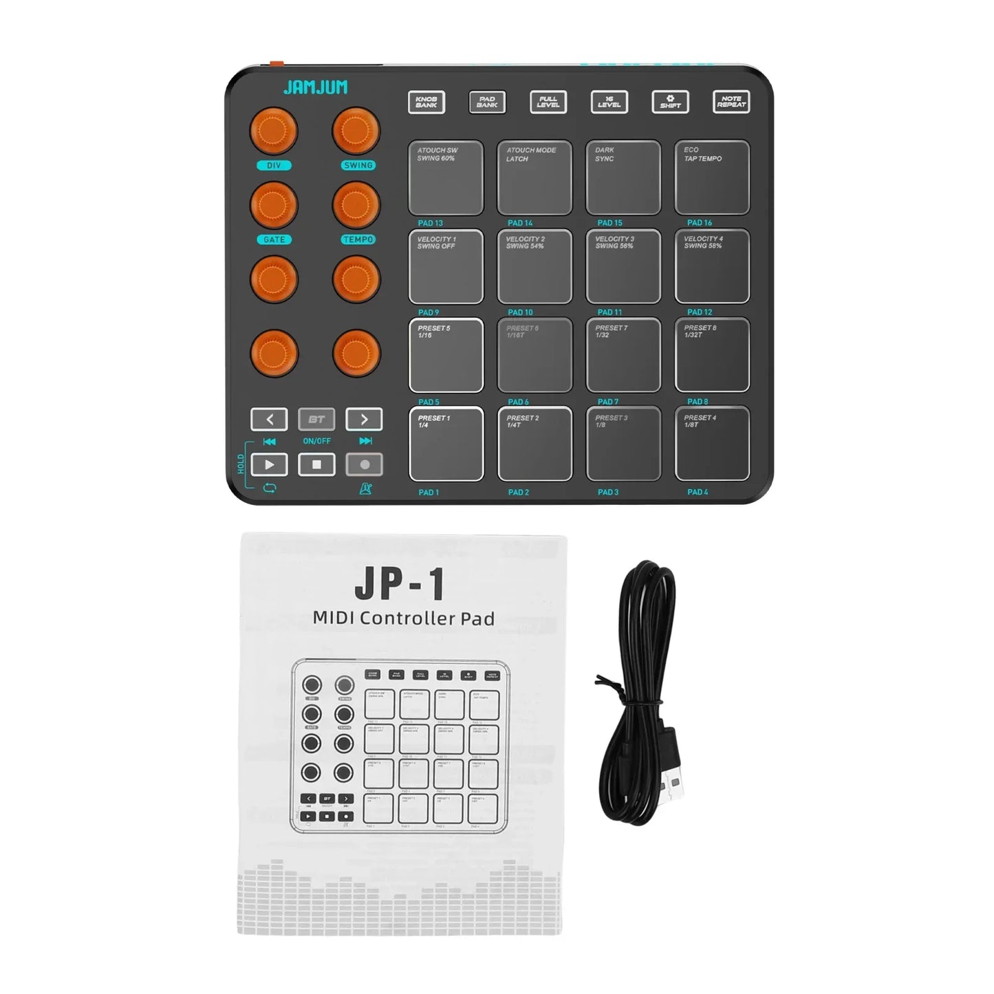 Black jamjum jp-1 wireless midi controller pad with rgb pads orange knobs and customizable teal-lit buttons for beginners