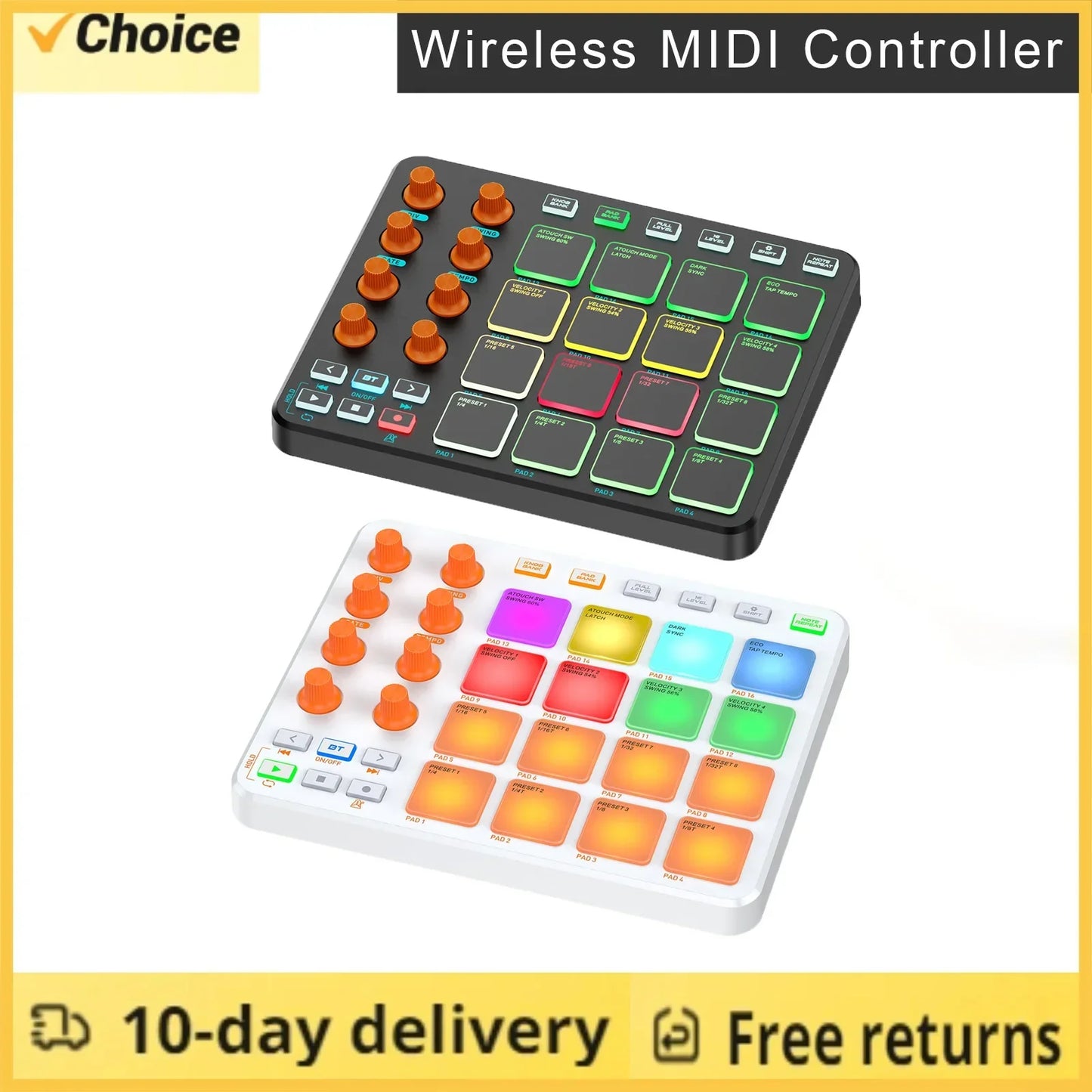 Black and white wireless midi controller with orange knobs colorful rgb pads and customizable buttons for mobile pc use
