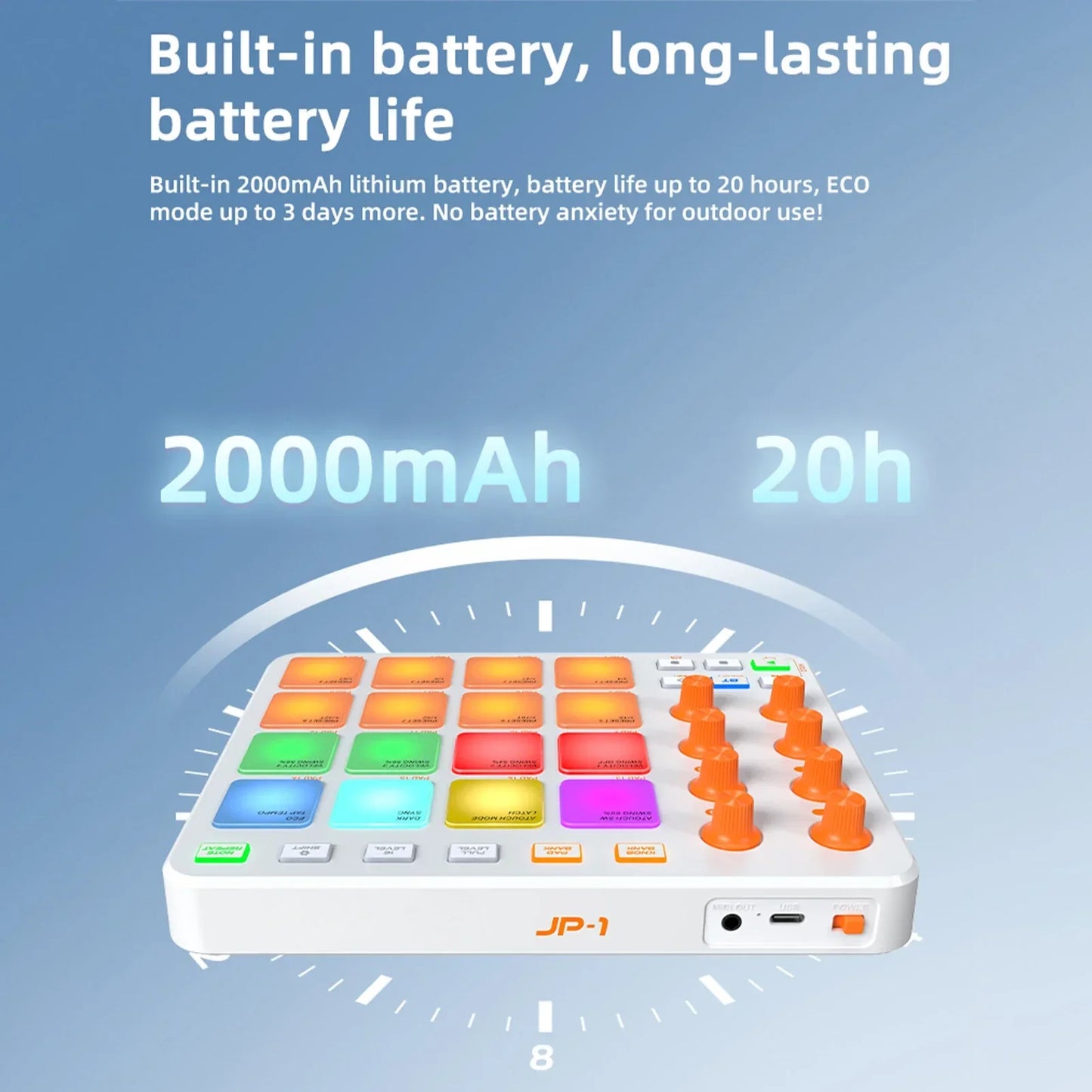 White jp-1 wireless midi controller with rgb pads colorful square pads and orange customizable knobs for beginners