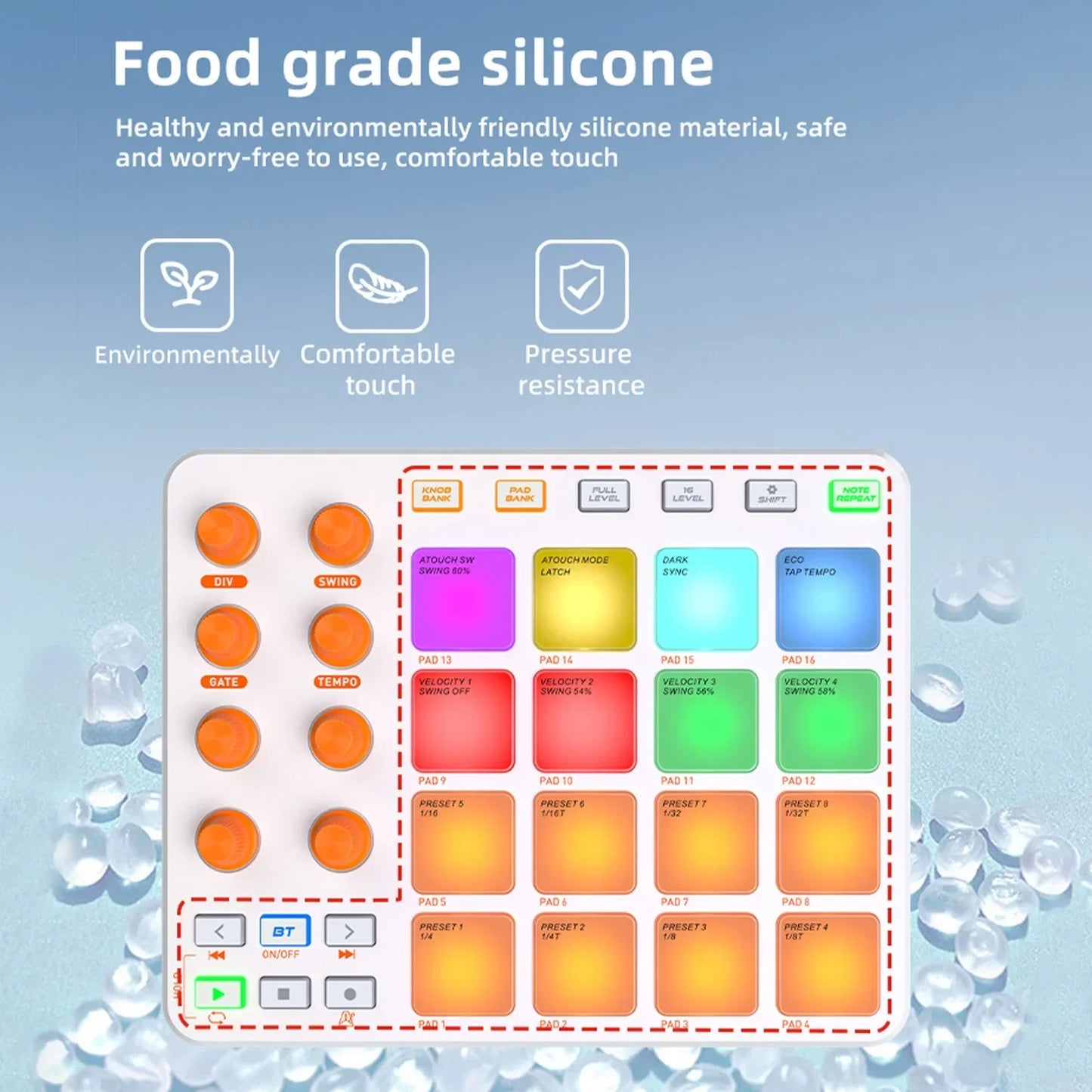 White silicone wireless midi controller with 16 rgb pads and customizable buttons for pc and mobile use