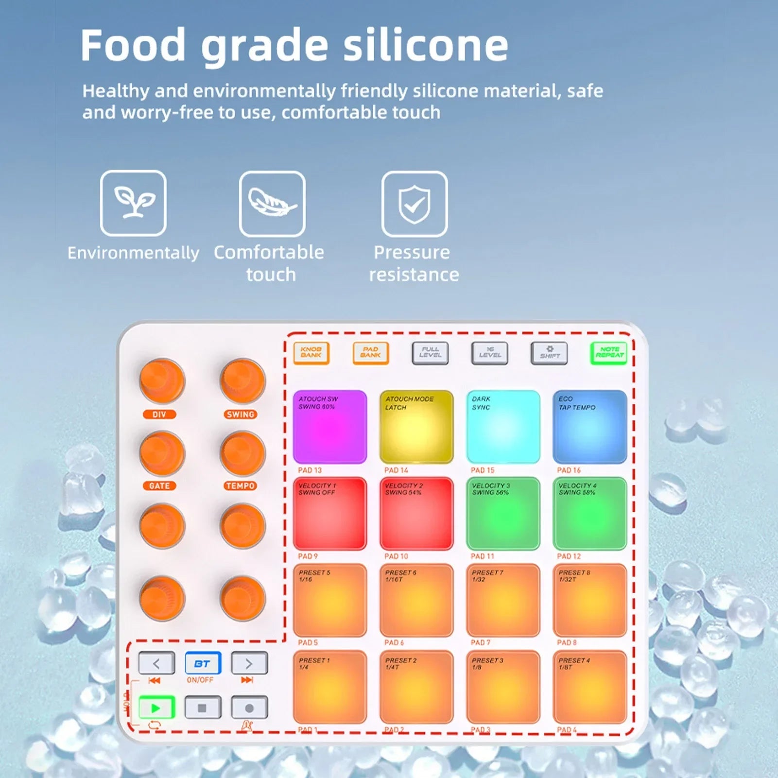 White silicone wireless midi controller with 16 rgb pads and customizable buttons for pc and mobile use