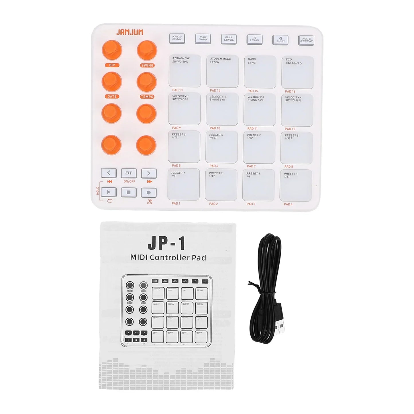 White jam.jum jp-1 wireless midi controller with 16 rgb pads, 6 customizable buttons, and gray rectangular controls