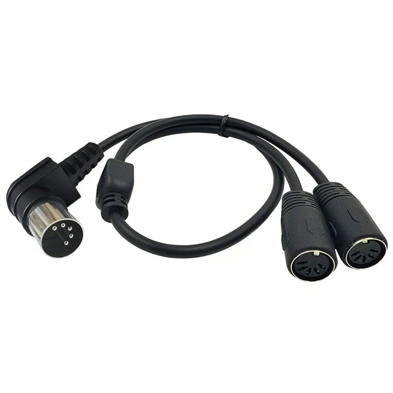 Black midi din 5pin splitter y adapter cable with 90-degree male connector and dual female extension audio ports