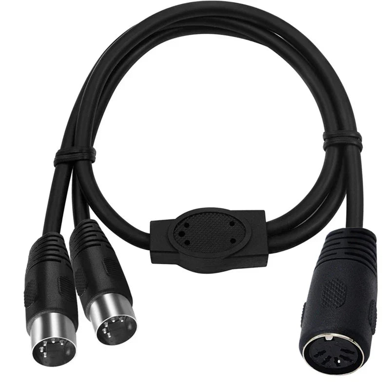 Black midi din 5pin splitter y adapter cable with two male 3-pin inputs and one female 4-pin extension audio output