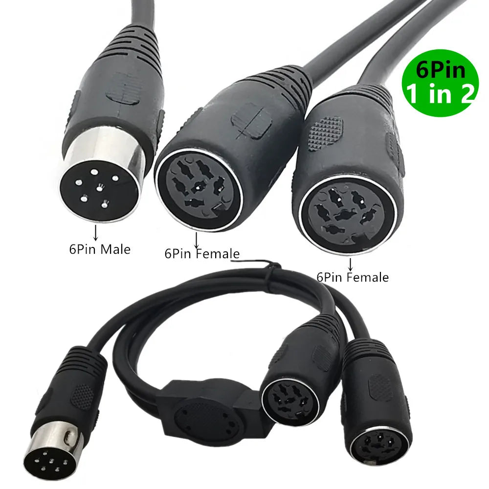 Black midi din 6-pin splitter y adapter cable with one male and two female extension audio connectors in durable plastic housing