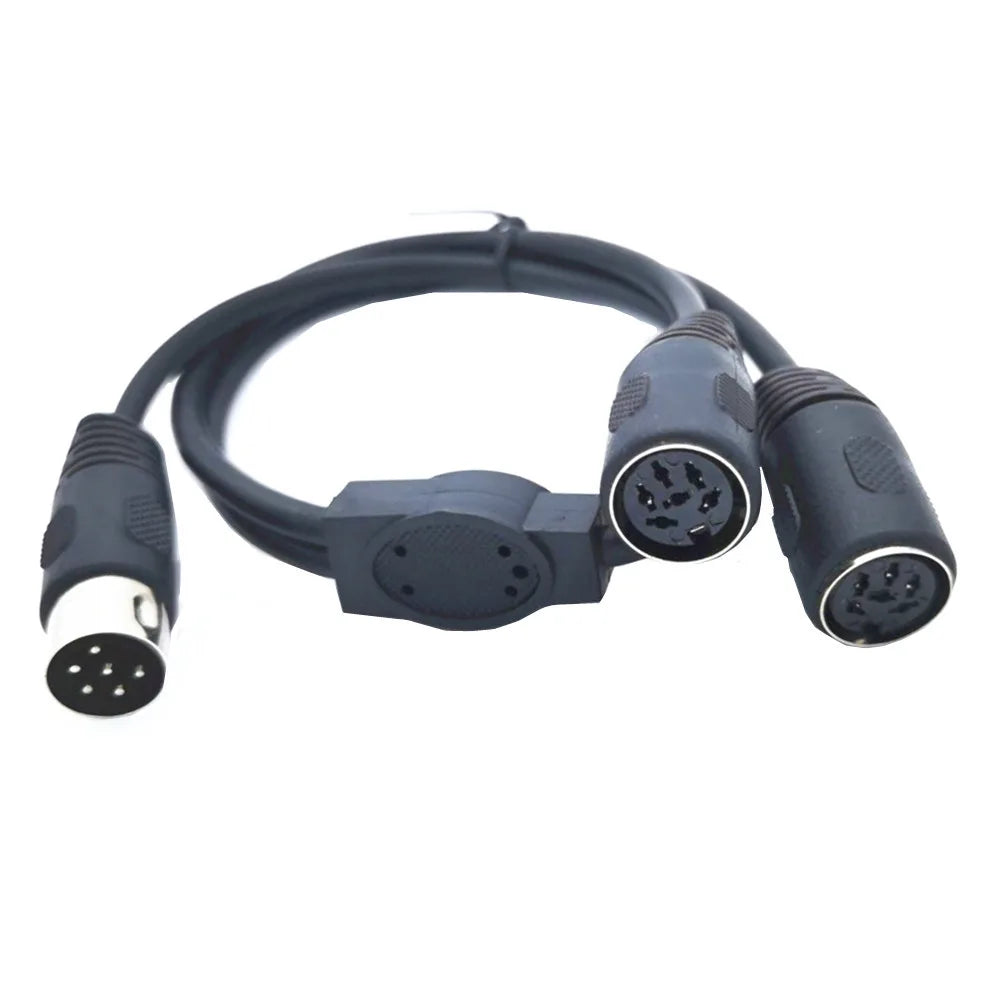 Black midi din 6-pin splitter y adapter cable with female extension audio connectors and 50cm length coiled design