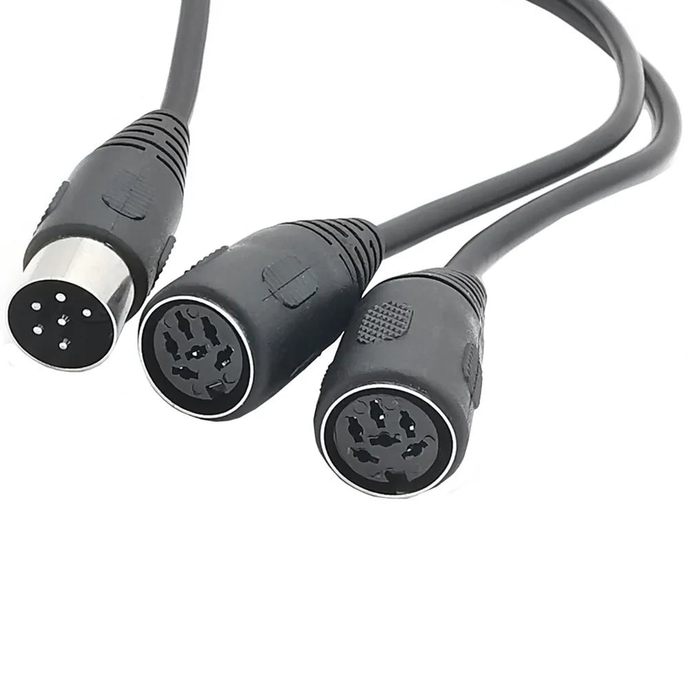 Black and silver midi din 6-pin splitter audio cable with three male xlr connectors and one female extension audio end